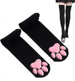 Overknee-Strümpfe und lange, fingerlose Handschuhe mit Katzenpfoten, niedlich, weich, 3D-Katzenpfote, für Mädchen und Damen, Lolita-Cosplay-Set, Schwarze Socken, Medium