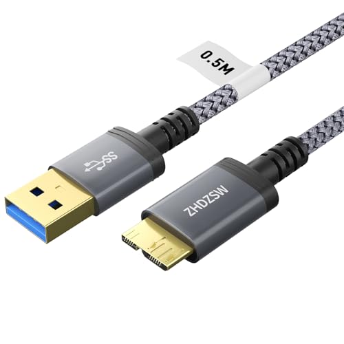 Kiuet USB3.0 Micro B Kabel 0.5M, USB3.0A auf Micro B 5Gbps Externe Festplatten Kabel Geflecht Kompatibel,WD Element, Seagate Expansion, LaCie Rugged,Galaxy S5 Note 3, Camera etc