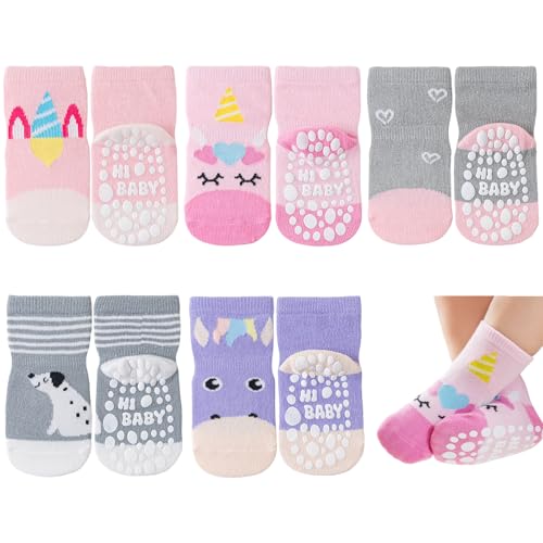 SockWaddles Stoppersocken Kinder Baby, 5 Paar ABS Atmungsaktiv Antirutschsocken Kinder, Krabbelsocken Baby Baumwolle, Jungen und Mädchen Crew Socken mit Tiere und Einhörner