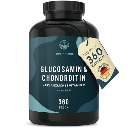 Glucosamin Chondroitin hochdosiert - Big Pack: 360 Kapseln (hält 6 Monate) - mit Vitamin C (trägt zur normalen Kollagenbildung bei) - Pharmazeutische Qualität - Made in Germany - TRUE NATURE