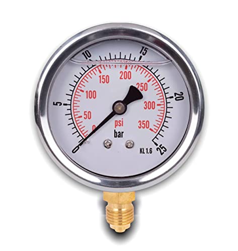 Glyzerin Manometer mit radialem Anschluss, IP65 Edelstahl 63 mm mit unterem Anschluss, 1/4 Glyzerin (0-25 bar)