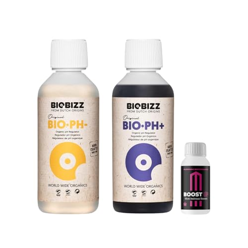 GROWMANIA Biobizz pH + Plus 250 ml + pH - Minus 250 ml Flüssig + Up Nutrients Boost Up | Superpack Ph up and Ph Down and Boost | Ph-senker Heber Dünger Pflanzen Grow Anbau Indoor Down Granulat Tomaten