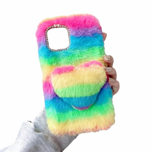 Rnrieyta Miagon Bunt Plüsch Hülle für Xiaomi Redmi A3,Handyhülle Mädchen Flauschige Schutzhülle Silikon Cover Faux Pelz Case mit 3D Herz