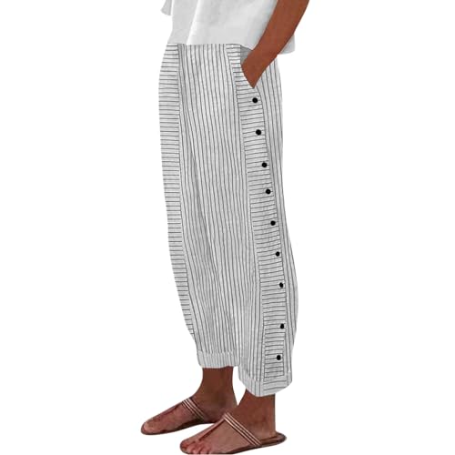 Yogahose Damen 3/4,Leichte Sommerhose Damen,Leinenhosen Damen Sommer 2024 Gestreift Lässig Elastisch Hohe Taille Gerades Bein Locker Boho Trendy Hose mit Taschen,Beige,XL