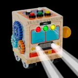 Beschäftigter Würfel, Holzaktivität Würfel - Busfahrzeug mit LED -Licht,Tragbare frühe Entwicklungslernspielzeuge, Aktivitäten zum Bildungslern