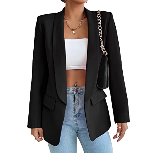 Damen Blazer Langer Casual Open Front Blazer Arbeit Büro Jacken mit Taschen Schwarz L