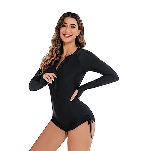 Damen Zweiteilige Langarm Schwimmanzug mit Shorts Rei?verschluss Schwimmshirt Rash Guard UV-Schutz UPF 50+ Badeshirt Bademode Sportlich Badebekleidung Surfanzug Strandmode Neoprenanzug Schwarz S