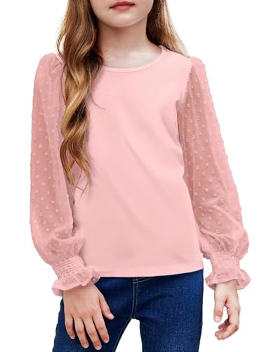 Arshiner Mädchen Langarmshirt mit gesmokten Rüschenmanschetten Polka Schweizer Dots Kinder Pullover Shirts Süßes Rundhals Oberteil Bluse für Mädchen Rosa 130