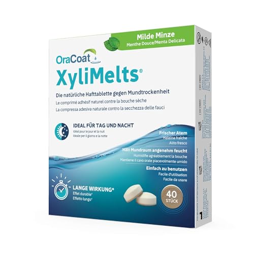 OraCoat XyliMelts - 40 Haft-Tabletten gegen Mundtrockenheit - Diskret - Im Schlaf verwendbar - VEGAN - Milde Minze