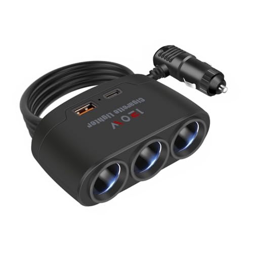 Shkalacar 3in1 Auto Zigarettenanzünder Verteiler 12-24V, 120W Auto KFZ Ladegerät Adapter mit USB und PD Schnittstellen, 3 Buchsen Stecker Ladekabel Splitter für Auto, LKW, SUV