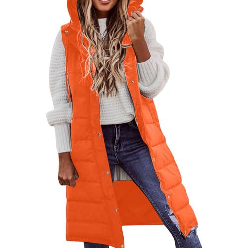 Damen Lang Wintermantel Weste mit Kapuze Ärmellos Warm Daunenmantel mit Taschen Steppweste Daunenjacke Steppjacke Outdoorjacke Strumpf Geschenk, Orange, 5XL