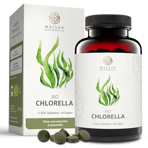 MAISON NATURELLE® | Bio Chlorella Presslinge (500 Stück) - 100% reine Algen Tabletten ohne Zusätze - Hochdosiert mit 4.800mg Chlorella je Tagesdosis - 100% Vegan