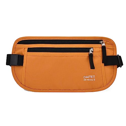 RFID-blockierender Geldgürtel für Männer und Frauen, schlanke Bauchtasche für Reisen, Laufen, verdeckte Taille für Reisepasshalter, Handy,Orange, Rfid Blocking & Belt Wide:1inch