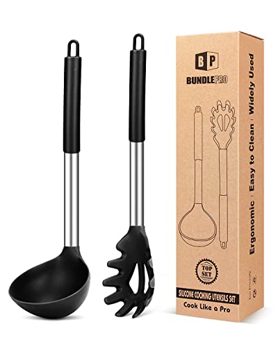 Silikon Pasta Gabel und Pfanne Löffel Set, große Antihaft Küchenutensilien zum Kochen, Rühren, Servieren Spaghetti, Suppe, Sauce