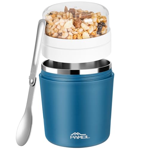 Pameil Müslibecher to go 500ml I Isolierter Edelstahl Joghurtbecher für Müsli I Edelstahl Innenwand Thermobecher Essen I Auslaufsicherer Becher mit Löffel für Yoghurt/Porridge