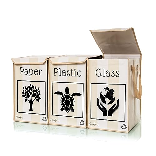 Shiva Green Mulltrennsystem 3fach - Recycling System - Altglas Sammelbehälter - Leergut Sammelbehälter - Altpapier Sammler - aus Plastik und Glas mit Deckel (Ashley.)