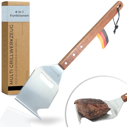 Multi Tool Grillspachtel | 8in1 Grillwerkzeug | Der Alleskönner am Grill mit edlem Akazienholz Griff | Grillbesteck Edelstahl | hochwertiges Grill Besteck | Grill Zubehör | Grill Geschenke für Männer