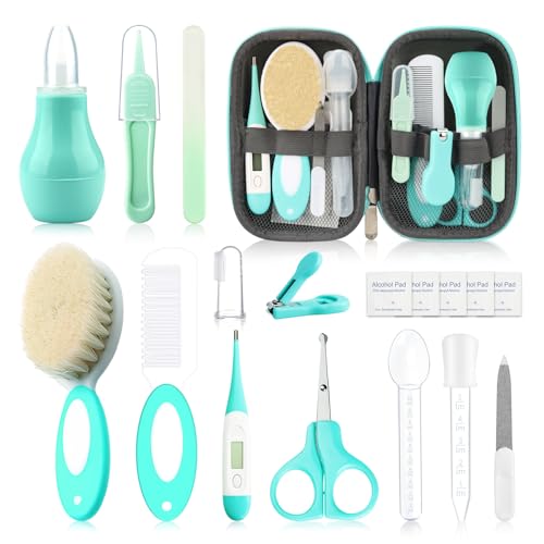 WXA Baby Healthcare and Grooming Kit with Nail Clippers, Scissors, Infant Grooming Kit for Newborns (18 in 1, Green)