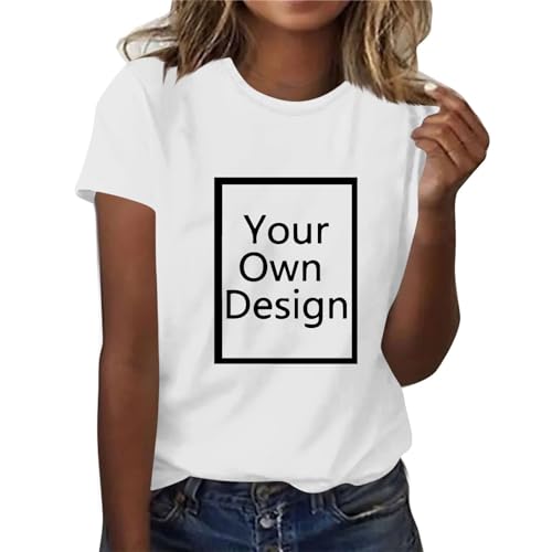 Damen Tshirt mit Foto Bedrucken Lassen Personalisierte Oberteile Frauen Freizeit Atmungsaktiv Selbst Gestalten Basic Tops Sommer Custom Kleidung mit Eigenem Bild Text Gutscheine Weiß L