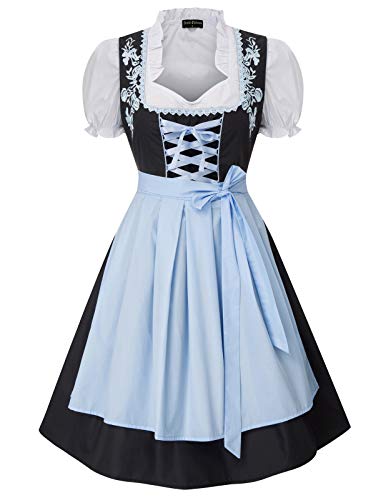 SCARLET DARKNESS Damen Trachtenkleid 3tlg Damen Dirndl Kleid für Oktoberfest 3tlg Kleid Bluse Schürze 2XL Schwarz und Hellblau