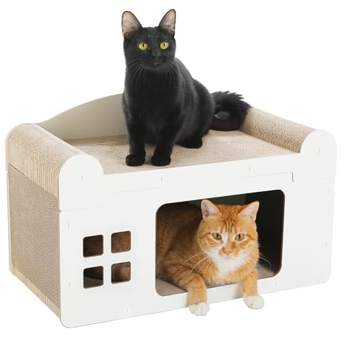 PAWZ Road Kratzbrett für Katzen, Katzenhöhle mit Kratzbrett, Katzenhaus Indoor aus Pappe, Kratzpappe für Katzen, Kratzpad Lounge, Langlebiges Katzenspielzeug 55 x 27,5 x 35 cm, Weiß