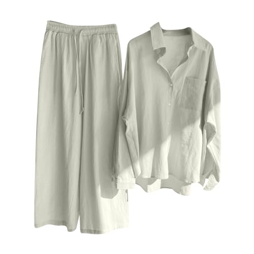 Musselin Hosenanzug Damen Leinen Outfits Damen 2 Teiler Elegant Hosenanzüge Baumwolle Leinen Jogginganzug Business Casual Anzug Leicht Luftig Freizeitanzug Elegant Schicke Oberteil Und Hosenanzug