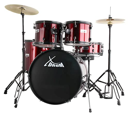 XDrum Rookie 22" Standard Schlagzeug Komplettset Ruby Red - Ideal für Einsteiger - Stylische Hardware in schwarz - Inkl. Drumsticks 5B, Aufbauanleitung und Schlagzeugschule - Rot