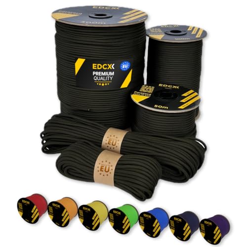 EdcX Paracord 4 mm, 35+ Volltonfarben (10 m, 15 m, 30 m, 50 m, 100 m, 300 m) | Ideal zum Basteln, Camping, Outdoor | 100% Nylonseil 4 mm| Taktische Schnur 550 Typ III (Army Green, 10 m)