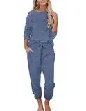 Ekouaer Damen Schlafanzug Lang Weich Pyjama Set mit Taschen Zweiteiler Sleepwear Winter Hausanzug Marineblau L