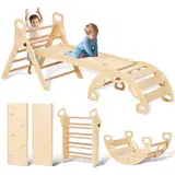 Giant bean 7-in-1 Montessori Kletterdreieck mit Kletterbogen und Rutsche, Holzdreieck für Kleinkinder ab 1-3, Indoor Kletterspielzeug, Regenbogen mit Griff, Hellbraun, S