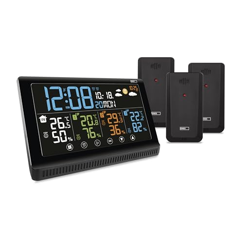 EMOS - Funk-Wetterstation mit 3 Außensensoren und USB-Port - Thermometer, Hygrometer, Barometer, Vorhersage, Memory - Funkuhr mit Wecker, Kalender, Komfortanzeige - Ständer/Wandhalterung - Netzteil