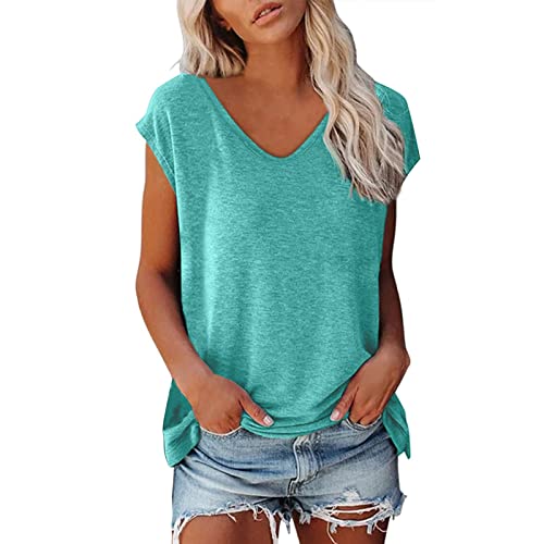 Damen Tshirt, Damen Tshirt V Ausschnitt Shirt Sommer Kurzarm Top Bluse Sport Oberteil Oberteile Shirts Elegant Oversize Für Tshirts Baumwolle Basic Blusen T-Shirt, tiefgrün, L