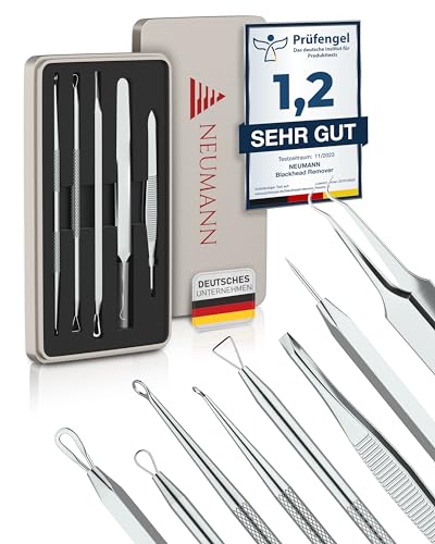 NEUMANN® Mitesserentferner-Set (rostfreier Edelstahl) zum entfernen von Pickeln, Blackheads & co. - Komedonenquetscher, Heber, Remover - Verschiedene Tools: Schlingen, Pinzetten, Lanzette [Silber]