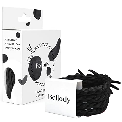 Bellody® Original Haargummis - Stylisch geflochtener Haargummi mit starkem Halt (4er Set - Classic Black) - Damen Haarschmuck in Schwarz