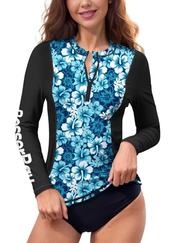 BesserBay Damen Langarm UV Shirt Schnelltrocknend 1/4 Zip UPF 50+ Rash Guard Blau & Flora L