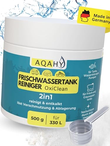 AQAHY Wassertank Reiniger Wohnmobil Oxi Clean (500g) - Frischwassertank Reiniger 2in1 reinigt und entkalkt – hochwirksamer Tankreiniger mit Aktivsauerstoff für Tank & Wasserleitung - Made in DE