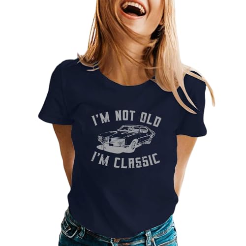T-Shirt Damen Casual, lässig, lustiger Auto-Aufdruck, Rundhals-Kurzarm-T-Shirt T-Shirts für Damen mit Dru (Navy, S)