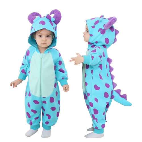 Doladola Baby Strampler mit Kapuze, Baumwoll overalls tier für Jungen oder Mädchen, Kinder Langarm kostüm für Geschenk (12-18 Monate,Blaues Monster)