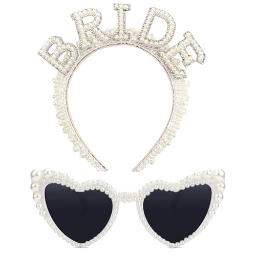 Bride Hochzeitszubehör-Set, Bride to Be, Bride Perlen Haarreif Bride Haarreif Herz Sonnenbrille Herzbrille, Junggesellenabschied Frauen, Bride to Be Accessoires Braut Bachelorette Party Deko