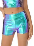 FEESHOW Damen Wetlook Shorts High Waist Glänzend Metallic Hotpants Mini Booty Shorts Sport Tanz Nachtclub Gogo Rave Outfit Blau&Lila_B L