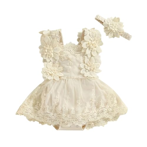 HEOXIN Neugeborenes Baby Mädchen Strampler Kleid, Kleinkind Spitze Blume Stickerei Tutu Taufkleid, ärmellos A-Linie Prinzessin Kleid mit Blume Stirnband Bodysuit für 6 Monate-1 Jahre, Beige