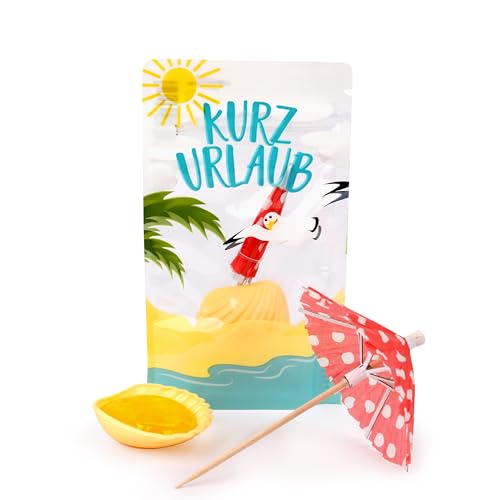 Kurzurlaub Schleckmuschel & Cocktail-Schirmchen – Süßer Spaß mit Urlaubsstimmung | Lustige Geschenkidee für Kollegen und Freunde - 9g Zuckerleckerei, inklusive Sonnenschirm von Liebeskummerpillen
