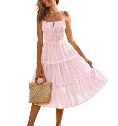 Streifen Damen A-Linie Midi Cami Nadel Kleid Spaghettiträger Ärmellos Rosa M