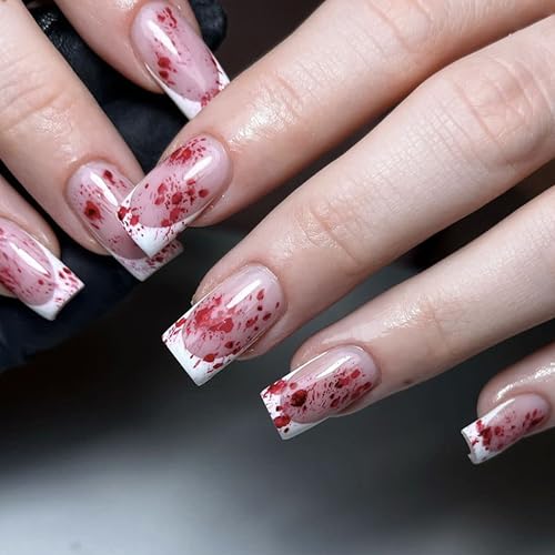 24 Stück Künstliche Fingernägel für Halloween - Nackt Blutspuren Kunstnägel, Kreative, French Fake Nails Fingernägel zum Aufkleben Kurz Acryl Full Cover für Frauen Mädchen Nail Art (Weiß French, 24x)