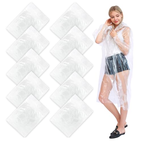 KASURE 10 Stück Regenponcho Einweg, Wasserdicht Einweg Regenjacken Durchsichtig Regenponcho Tragbarer Unisex-Regencape Notfallponcho Damen, Herren für Angeln, Reise, Konzert