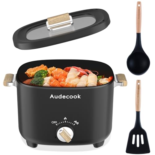 Audecook Elektrischer Hot Pot, 2.5L Tragbare Multikocher für 1-3 Personen, Antihaftbeschichtung mit Wabentextur, Elektrischer Reisetopf Wokpfanne für Steak/Nudeln/Suppe/Ei (Schwarz)