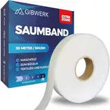 GIBWERK® Saumband zum Aufbügeln | 30 Meter x 20 mm | 60 GSM Extra Stark | Waschfest und Selbstklebend | Bügelvlies für Vorhänge Gardinen und Textilien | Bügelband für Hosen | Nahtband