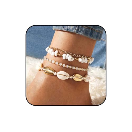 Reaky Boho-Fußkettchen mit Perlen, goldfarbene Fußkettchen, 4 Stück, Muschel-Fußketten, Sommer- und Strandschmuck für Frauen