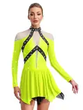 CHICTRY Eiskunstlauf Kleid Damen Langarm Rollschuhkleid Strass Glitzer Tanzbody Stehkragen Trikotanzug Mit Asymetrisch Chiffon Rock Tanzkostüm Fluoreszierendes Gelb XXL