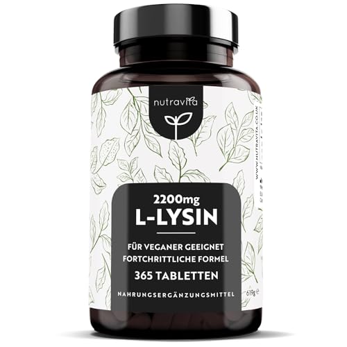 L-Lysin Tabletten Hochdosiert mit 2200 mg pro Tagesdosis - 365 Tabletten (6 Monate) - Essentielle Aminosäure - Aus pflanzlicher Fermentation - Laborgeprüft - für Vegetarier geeignet - Nutravita